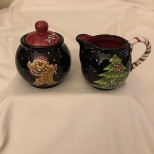 Holiday Ceramic Sugar and Creamer Set with Gingerbread and Tree Design